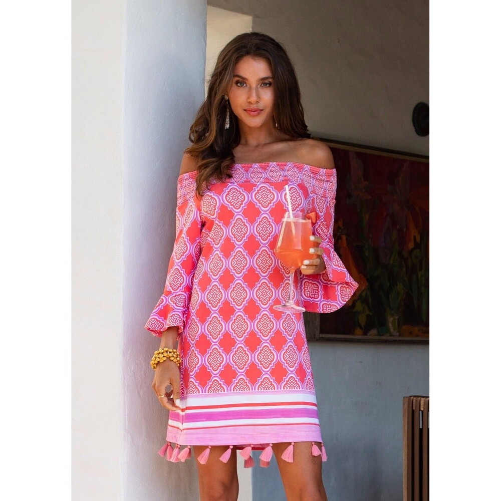 CABANA LIFE New Coral Geo Coverluxe Smocked Off Shoulder Mini Dress Tassel LARGE